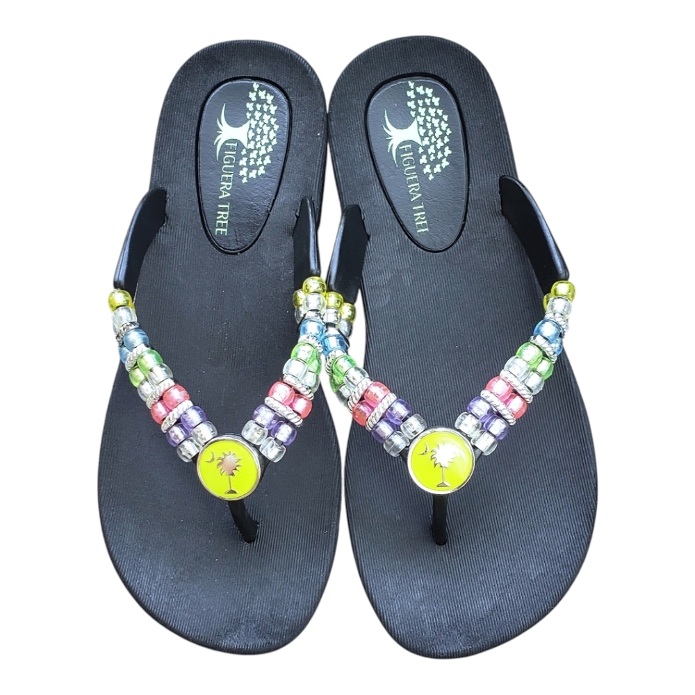 Figuera Tree beaded black sandals flip flops SZ 7